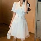 Short-sleeve Mesh Overlay Mini A-line Blazer Dress