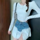 Long-sleeve T-shirt / Lace Trim Mini A-line Denim Skirt
