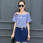 Set: Short-sleeve Off Shoulder Pinstriped Blouse + Fit Skirt