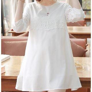 Crochet Lace Panel 3/4-sleeve A-line Dress