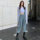 Plain Long-sleeve Top / High Waist Wide Leg Pants