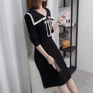 Long-sleeve Sailor Collar Lace Trim Knit A-line Dress