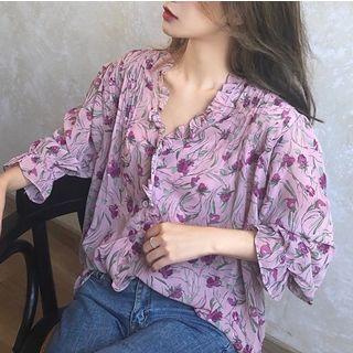 Floral Print Ruffle-trim Blouse As Shown In Figure - One Size