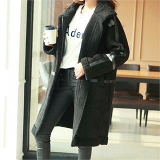 Funnel-neck Contrast-trim Faux-shirring Coat