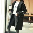 Funnel-neck Contrast-trim Faux-shirring Coat