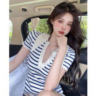 Details Lace Up-back Striped Light Knit Top Stripe - One Size