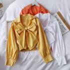 Ribbon-neckline V-neck Crop Blouse