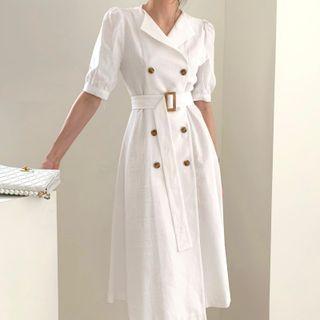 Short-sleeve Double-breasted Belted Midi Blazer Dress