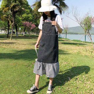 Plaid Panel Midi Denim Suspender Dress