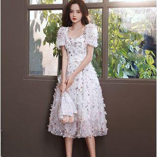 Puff-sleeve Floral Applique Midi A-line Cocktail Dress