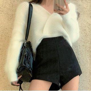 Fluffy V-neck Sweater / Mini Shorts