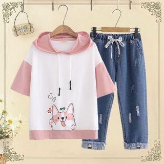 Dog Print Hooded T-shirt / Capri Jeans / Set