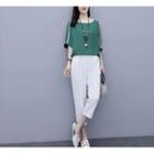 Set: Elbow-sleeve Contrast Trim Top + Straight-fit Pants