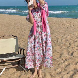 Puff-sleeve Flower Print Maxi A-line Skirt White - One Size