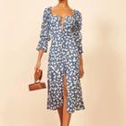 Long-sleeve Floral Print Slit-hem Midi A-line Dress