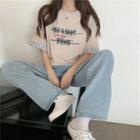 Short-sleeve Striped Trim Lettering T-shirt