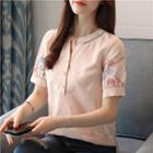 Stand Collar Short Sleeve Embroidered Blouse