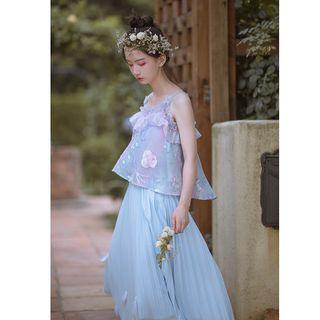 Spaghetti Strap Frill Trim Embroidered Top