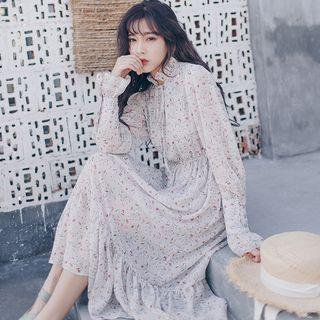 Floral Print Frill Trim Long-sleeve Chiffon Dress