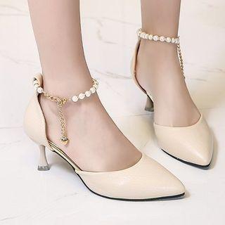 Faux Pearl Ankle Strap Kitten Heel Pumps
