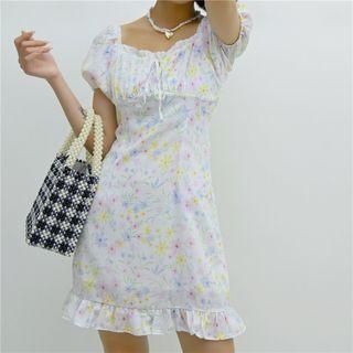 Square-neck Floral Ruffle Bow A-line Mini Dress