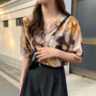 Flower Print Short-sleeve Blouse Yellow - One Size