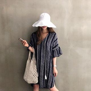 Ruffle-sleeve Tasseled Patterned Shift Dress