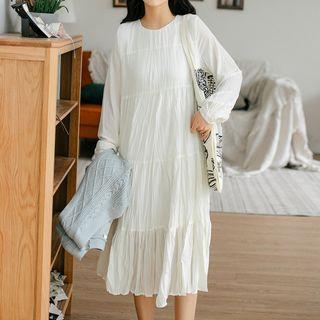 Long-sleeve Midi Crinkled Dress / Cable-knit Buttoned Knit Vest