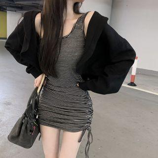 Striped Mini Bodycon Tank Dress / Hooded Cropped Jacket