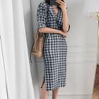 Short-sleeve Plaid Midi Straight-fit Dress As Shown In Figure - One Size