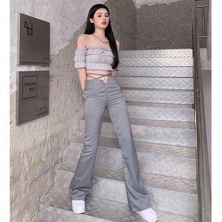 Off Shoulder Plain Pleated Cropped Top / High-waist Plain Zip Straight-cut Pants
