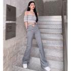 Off Shoulder Plain Pleated Cropped Top / High-waist Plain Zip Straight-cut Pants