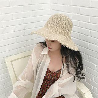 Frog Button Straw Bucket Hat Beige - M