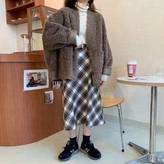 Plaid Midi A-line Skirt / Faux Shearling Button Jacket
