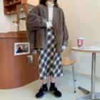 Plaid Midi A-line Skirt / Faux Shearling Button Jacket