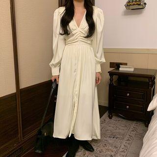 Puff-sleeve V-neck Ruche Midi A-line Dress