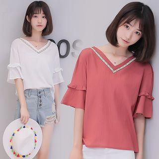 Embroidered V-neck Elbow-sleeve Top