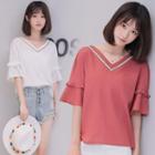 Embroidered V-neck Elbow-sleeve Top