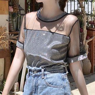 Mesh Panel Off-shoulder Loose-fit Short-sleeve T-shirt