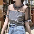 Mesh Panel Off-shoulder Loose-fit Short-sleeve T-shirt