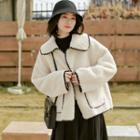 Embroidered Trim Genuine Shearling Buttoned Jacket White - One Size