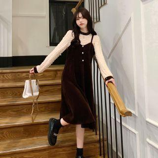 Mock Two-piece Long-sleeve Midi A-line Corduroy Dress