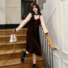 Mock Two-piece Long-sleeve Midi A-line Corduroy Dress