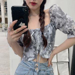 Tie Dye Drawstring Cropped Top Light Gray - One Size