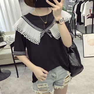 Pleated Trim Bow Accent Elbow Sleeve T-shirt