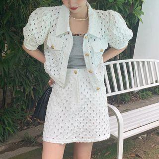 Set: Puff-sleeve Crop Shirt + Mini Skirt