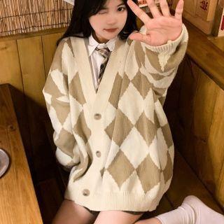 Argyle V-neck Cardigan Brown - One Size