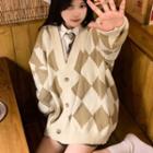 Argyle V-neck Cardigan Brown - One Size