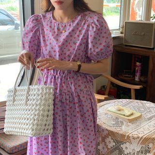 Lantern-sleeve Floral Print Drawstring Dress