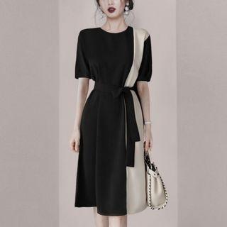 Short-sleeve Two-tone Tie-waist Midi A-line Dress